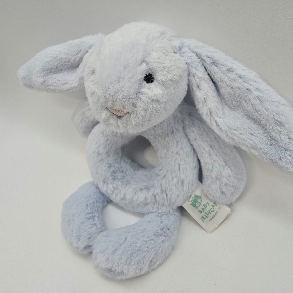Jellycat Little Bashful Blue Bunny Rabbit Rattle Grabber Plush Baby Ring Toy 7"